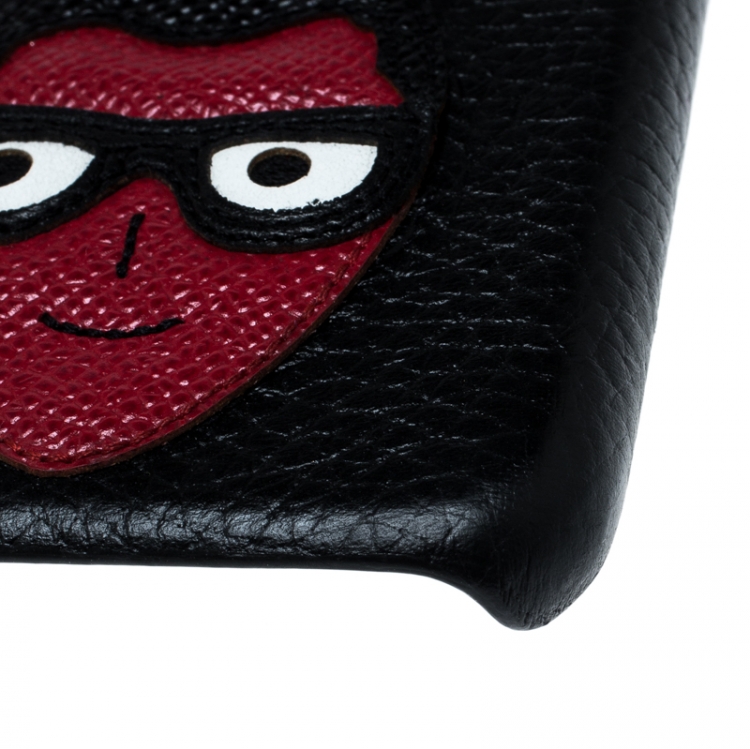 Pre Owned Dolce and Gabbana Black Leather Devil Designers Face Patch iPhone 7 Case