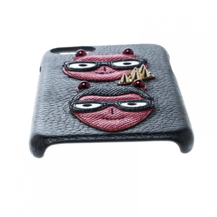 Pre Owned Dolce and Gabbana Black Leather Devil Designers Face Patch iPhone 7 Case