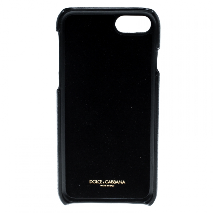 Pre Owned Dolce and Gabbana Black Leather Embellished Crown Face Patch iPhone 7 Case
