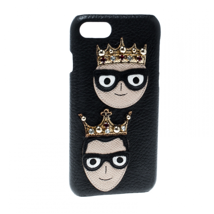 Pre Owned Dolce and Gabbana Black Leather Embellished Crown Face Patch iPhone 7 Case