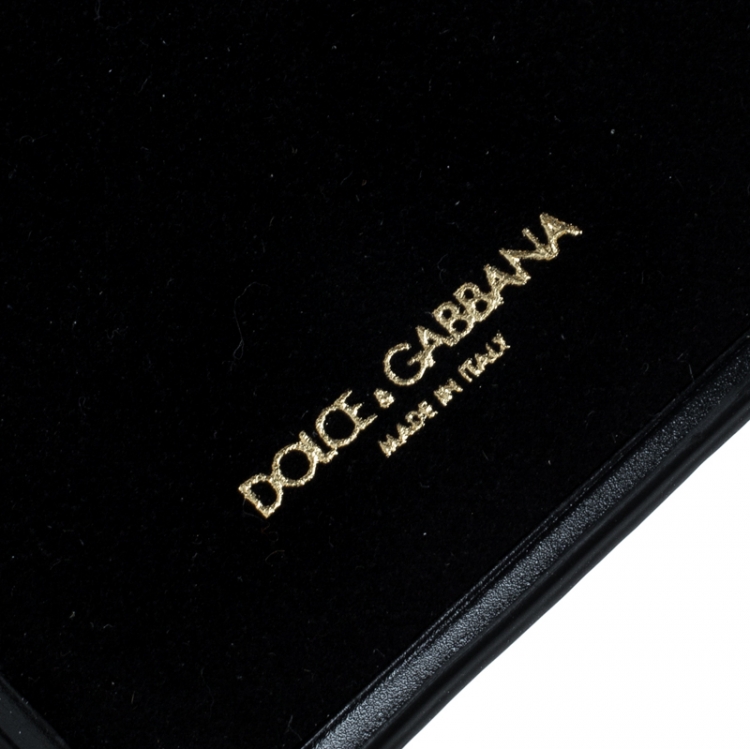 Pre Owned Dolce and Gabbana Black Leather Embellished Crown Face Patch iPhone 7 Case