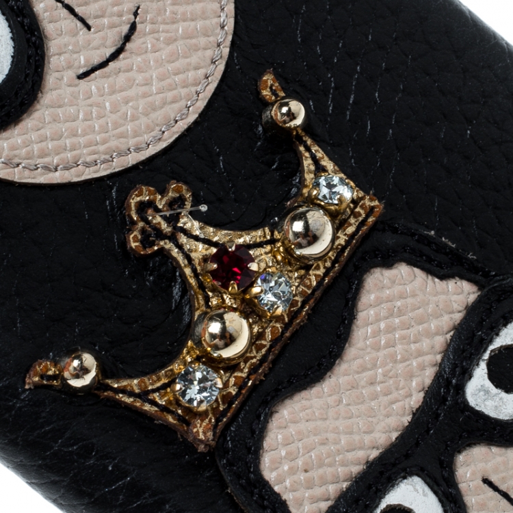 Pre Owned Dolce and Gabbana Black Leather Embellished Crown Face Patch iPhone 7 Case