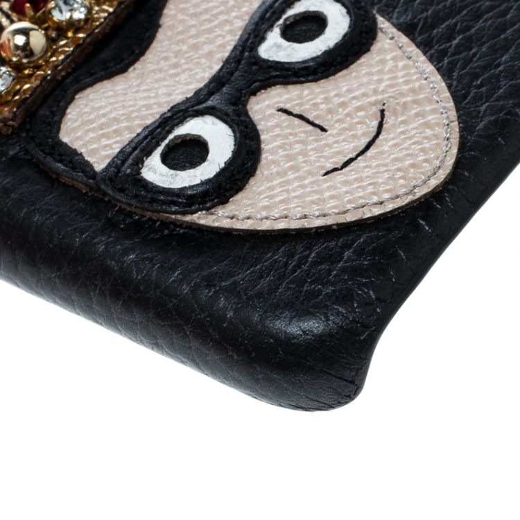 Pre Owned Dolce and Gabbana Black Leather Embellished Crown Face Patch iPhone 7 Case