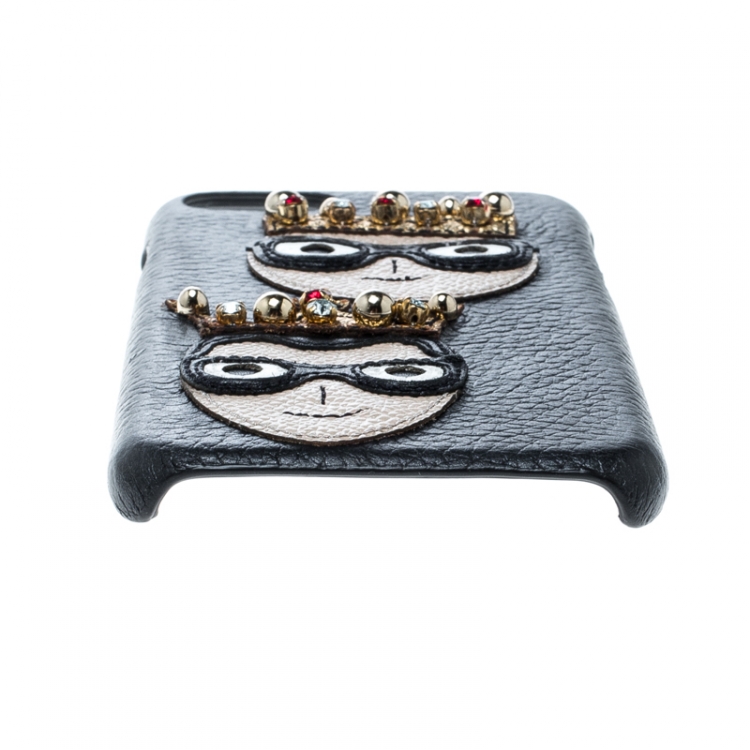 Pre Owned Dolce and Gabbana Black Leather Embellished Crown Face Patch iPhone 7 Case