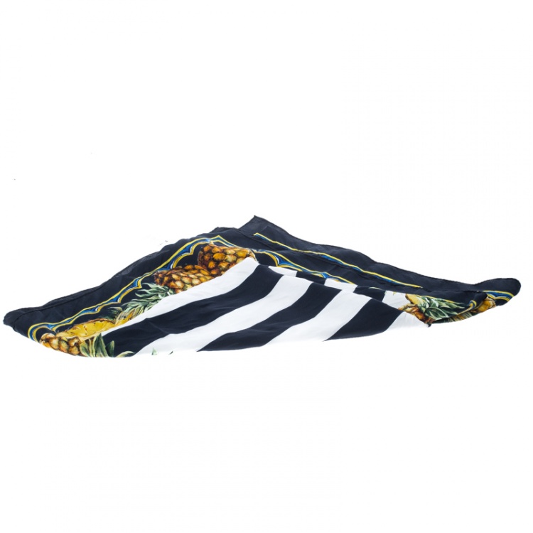 Pre Owned Dolce and Gabbana Pineapple Print Striped Silk Square Scarf