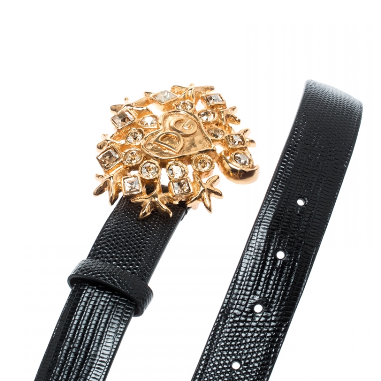 Pre Owned Dolce and Gabbana Black Lizard Embossed Leather Crystal Embellished DG Heart Buckle Belt 85CM