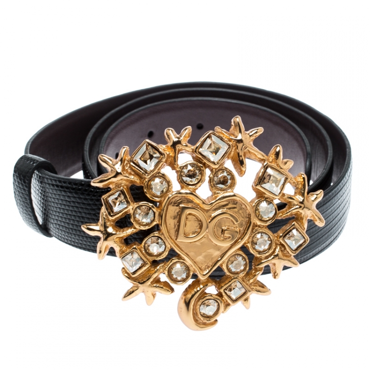 Pre Owned Dolce and Gabbana Black Lizard Embossed Leather Crystal Embellished DG Heart Buckle Belt 85CM