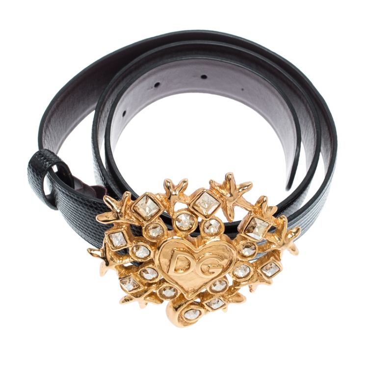 Pre Owned Dolce and Gabbana Black Lizard Embossed Leather Crystal Embellished DG Heart Buckle Belt 85CM