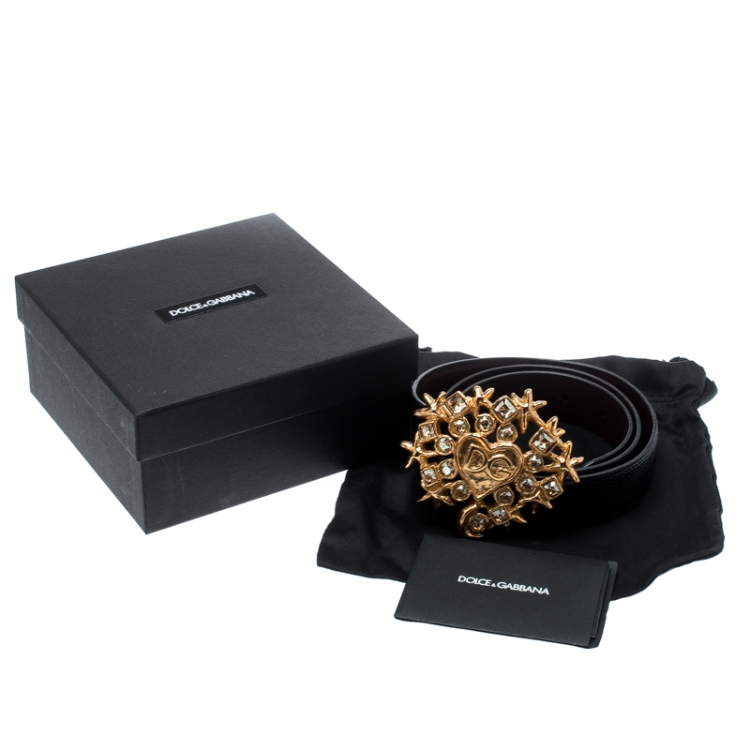 Pre Owned Dolce and Gabbana Black Lizard Embossed Leather Crystal Embellished DG Heart Buckle Belt 85CM