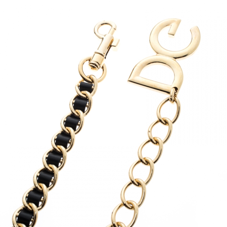 مملوكة مسبقًا Dolce and Gabbana Black Interlaced Leather Gold Tone Chain Belt