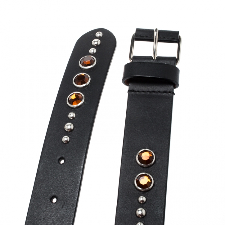 Pre Owned Givenchy Black Leather Crystal Embellished Belt 90CM