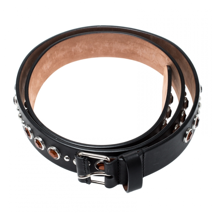 Pre Owned Givenchy Black Leather Crystal Embellished Belt 90CM