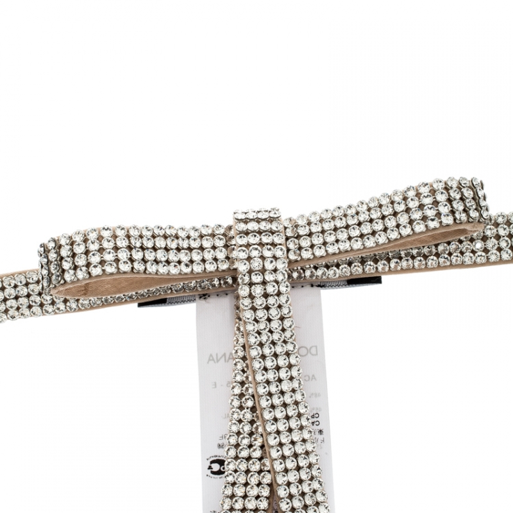 Pre Owned Dolce and Gabbana Beige Crystal Embellished Satin Bow Belt 75CM