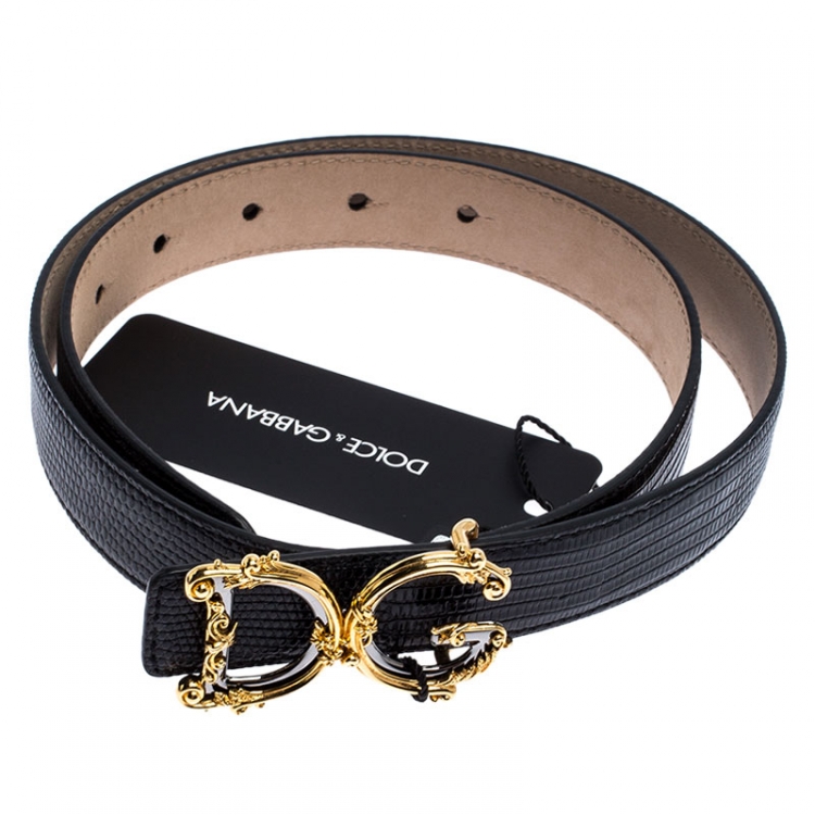 Pre Owned Dolce and Gabbana Black Lizard Embossed Leather Decorative Logo Belt 75CM