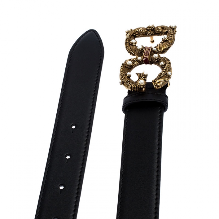 Pre Owned Dolce and Gabbana Black Leather DG Amore Belt 75CM