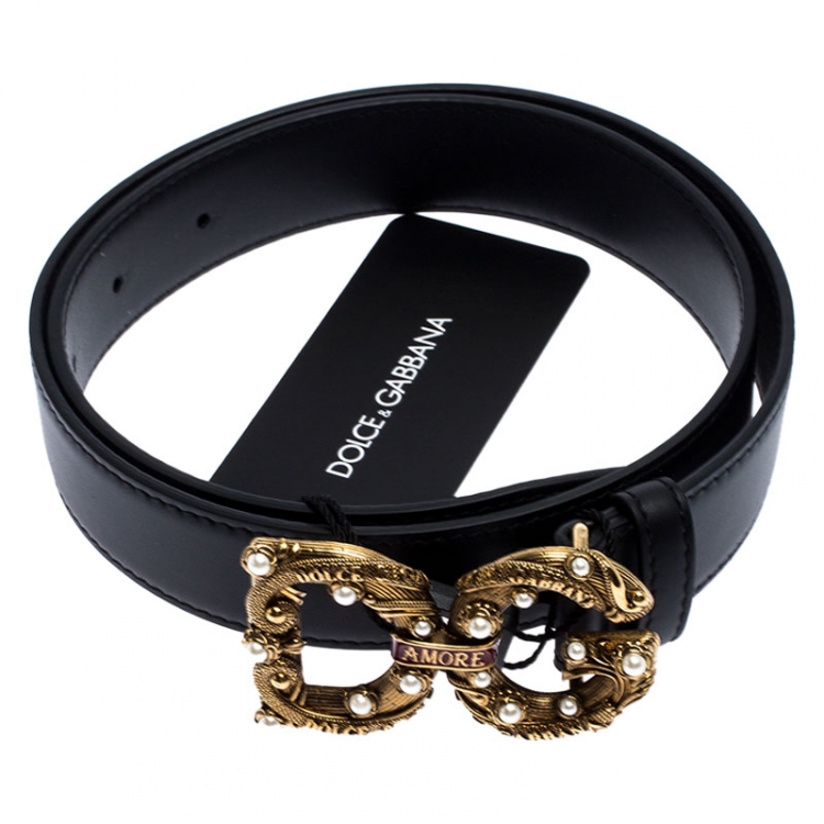 Pre Owned Dolce and Gabbana Black Leather DG Amore Belt 75CM