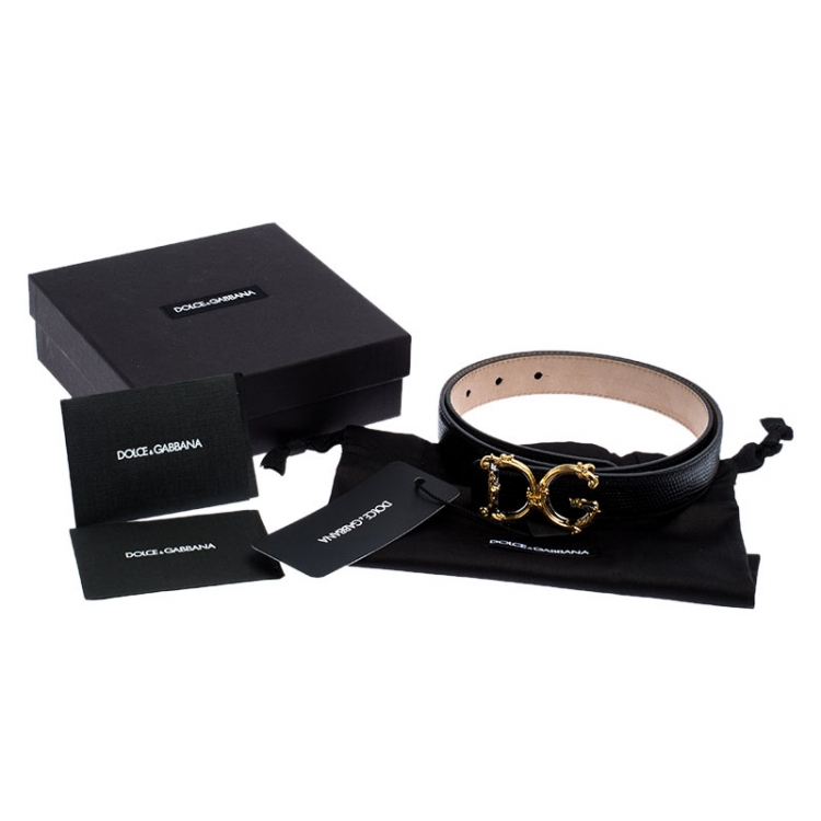 Pre Owned Dolce and Gabbana Black Lizard Embossed Leather Decorative Logo Belt 80CM
