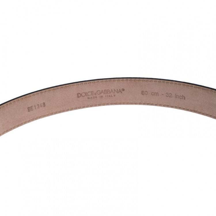 Pre Owned Dolce and Gabbana Black Lizard Embossed Leather Decorative Logo Belt 80CM