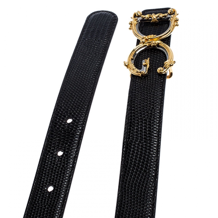 Pre Owned Dolce and Gabbana Black Lizard Embossed Leather Decorative Logo Belt 80CM