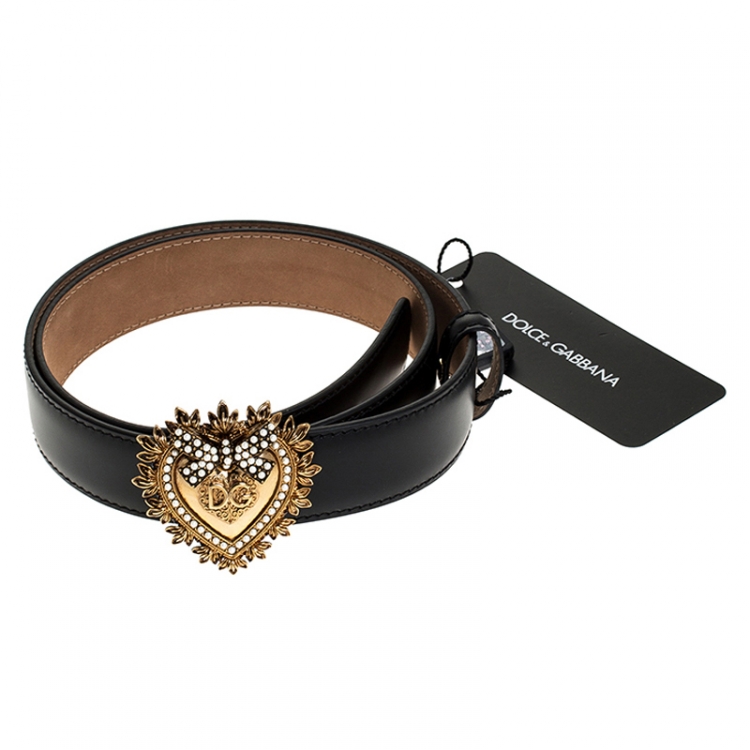 Pre Owned Dolce & Gabbana Black Leather Devotion Heart Buckle Belt 80cm