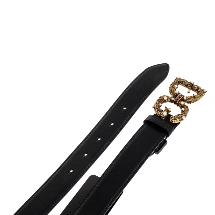 Pre Owned Dolce and Gabbana Black Leather DG Amore Belt 80 CM