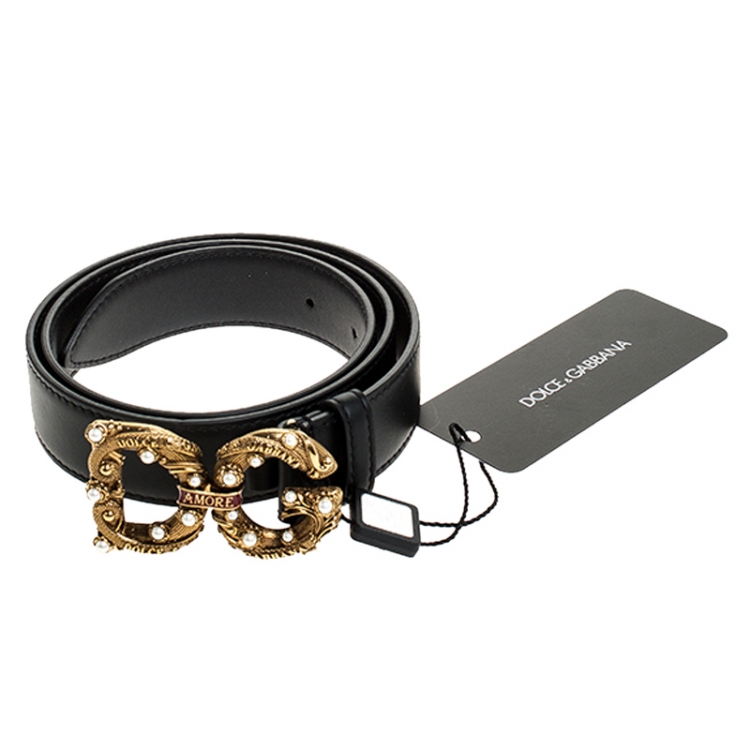Pre Owned Dolce and Gabbana Black Leather DG Amore Belt 80 CM