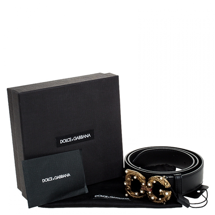 Pre Owned Dolce and Gabbana Black Leather DG Amore Belt 80 CM
