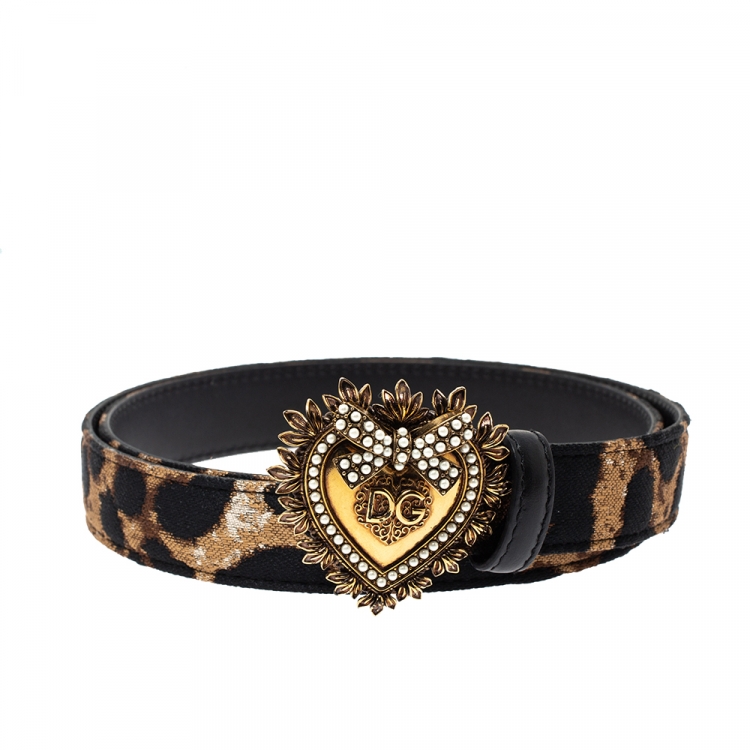 Pre Owned Dolce & Gabbana Brown/Black Leopard Print Canvas Devotion Belt 85CM