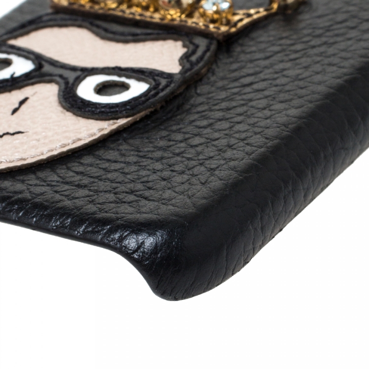 Pre Owned Dolce & Gabbana Black Leather Embellished Crown Face Patch iPhone 7 Case