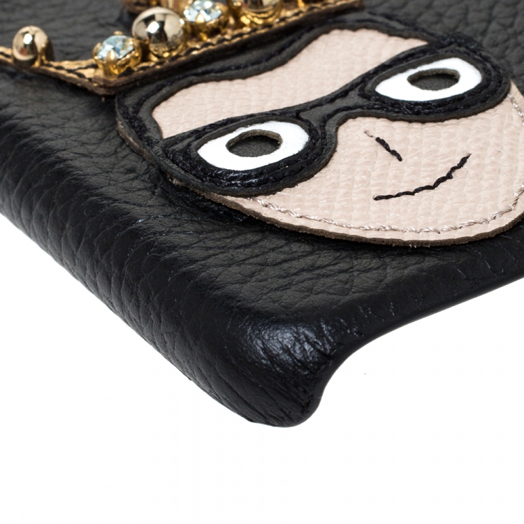 Pre Owned Dolce & Gabbana Black Leather Embellished Crown Face Patch iPhone 7 Case