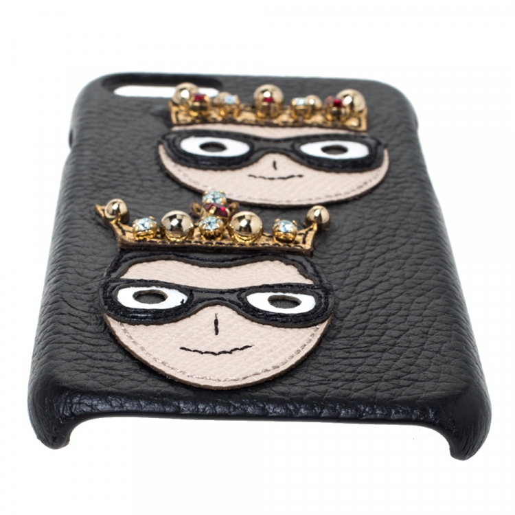 Pre Owned Dolce & Gabbana Black Leather Embellished Crown Face Patch iPhone 7 Case