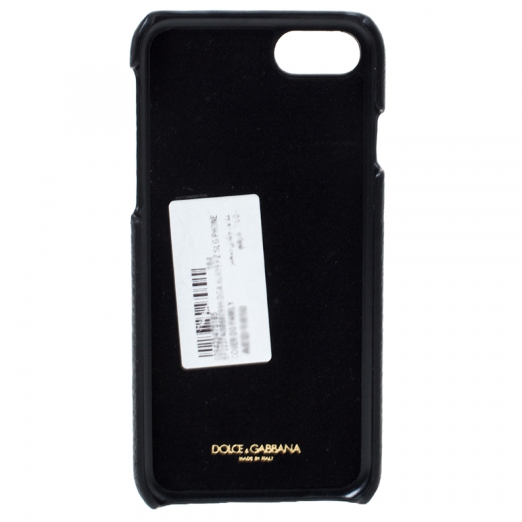 Pre Owned Dolce & Gabbana Black Leather Embellished Crown Face Patch iPhone 7 Case