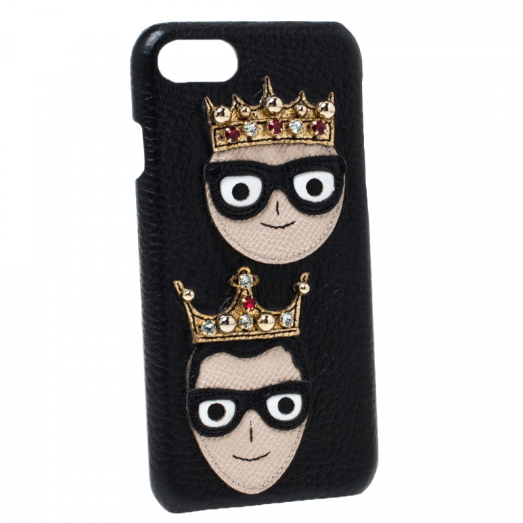 Pre Owned Dolce & Gabbana Black Leather Embellished Crown Face Patch iPhone 7 Case