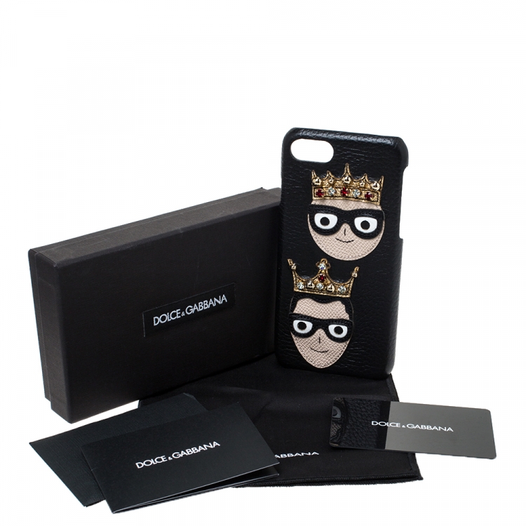 Pre Owned Dolce & Gabbana Black Leather Embellished Crown Face Patch iPhone 7 Case