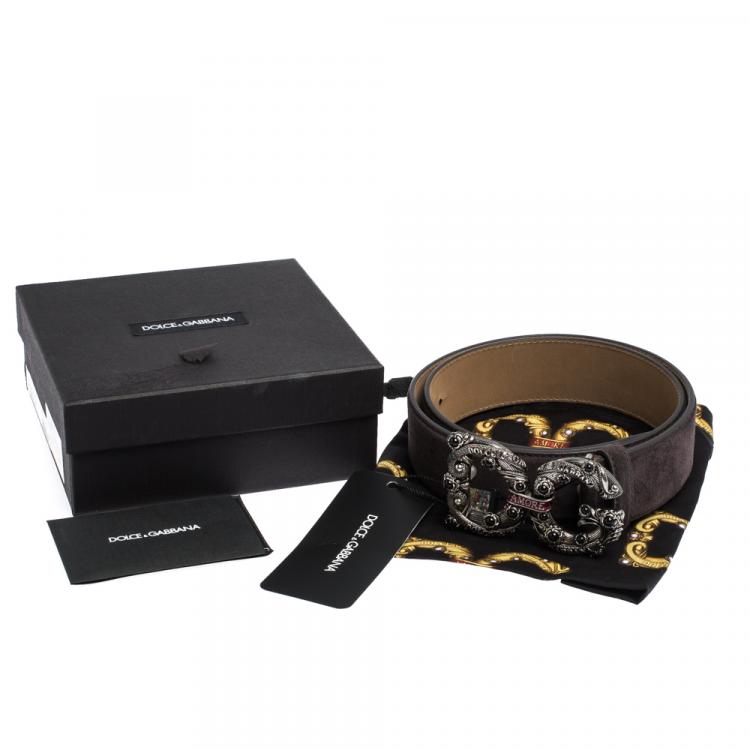 Pre Owned Dolce & Gabbana Dark Brown Suede Leather DG Amore Logo Belt 90CM
