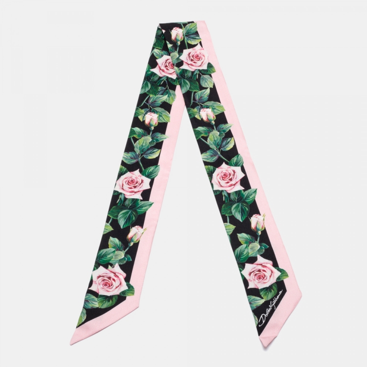 Pre Owned Dolce & Gabbana Pink Rose Print Silk Bandeau Scarf