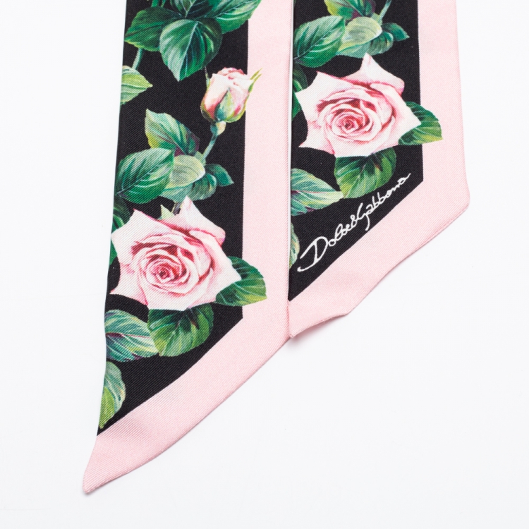 Pre Owned Dolce & Gabbana Pink Rose Print Silk Bandeau Scarf