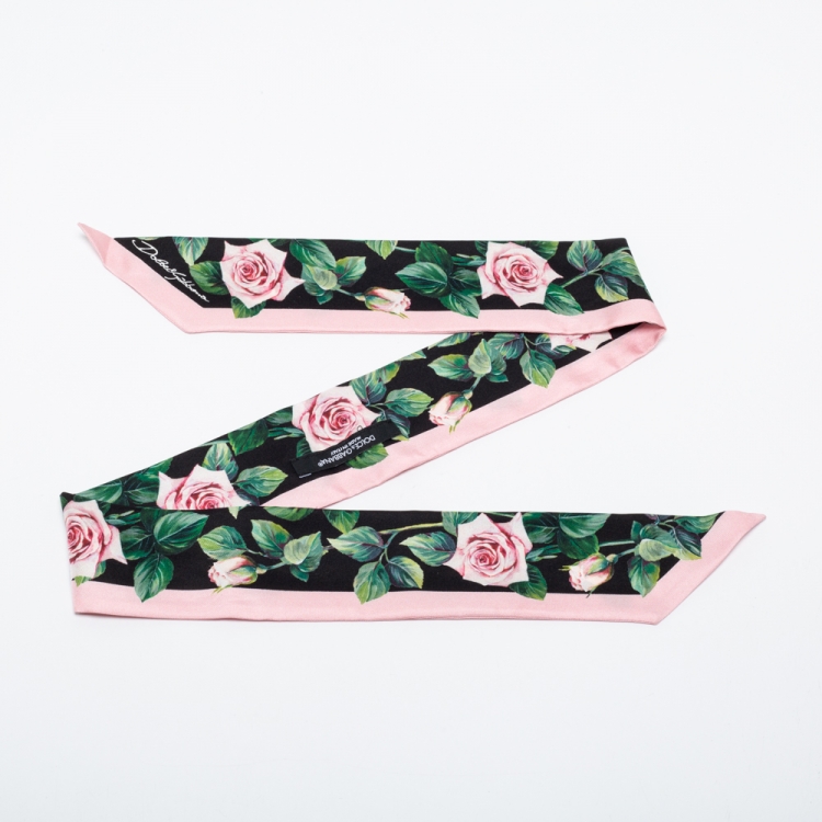 Pre Owned Dolce & Gabbana Pink Rose Print Silk Bandeau Scarf