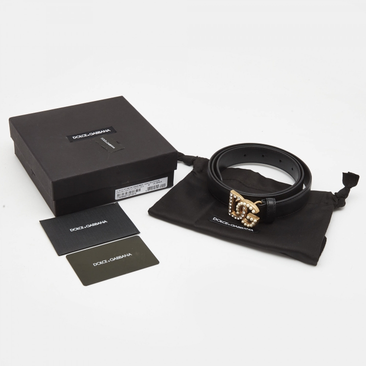 Pre Owned Dolce & Gabbana Black Leather Embellished DG Logo Belt 90CM