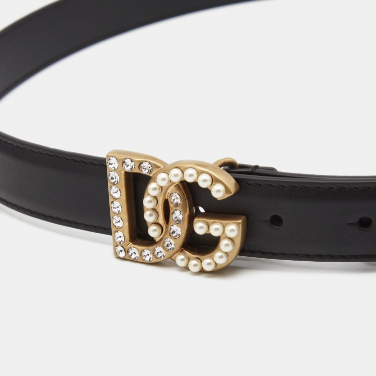 Pre Owned Dolce & Gabbana Black Leather Embellished DG Logo Belt 90CM