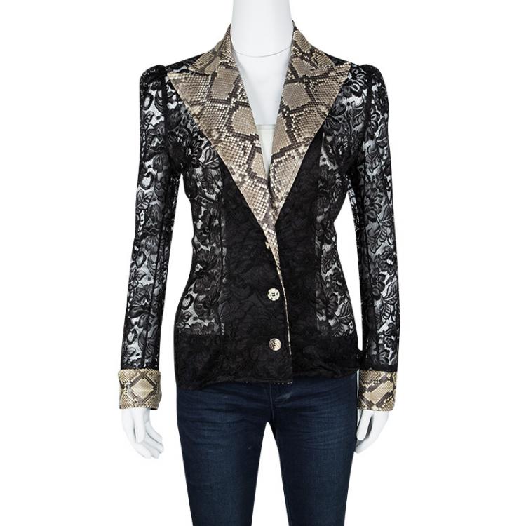 Pre Owned Dolce and Gabbana Black Lace Contrast Python Leather Detail Sheer Jacket S