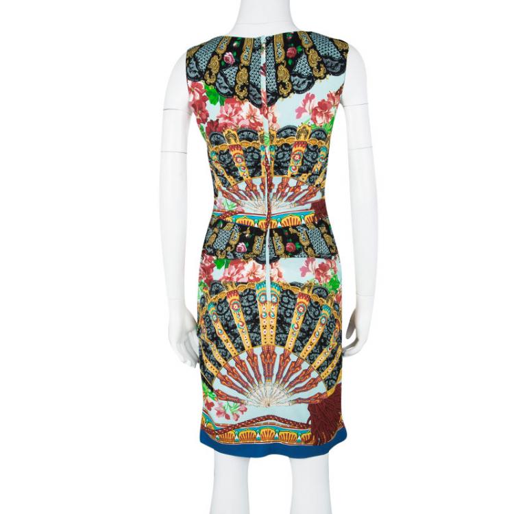 Pre Owned Dolce and Gabbana Multicolour Floral Fans Print Ruched Sleeveless Silk Dress S
