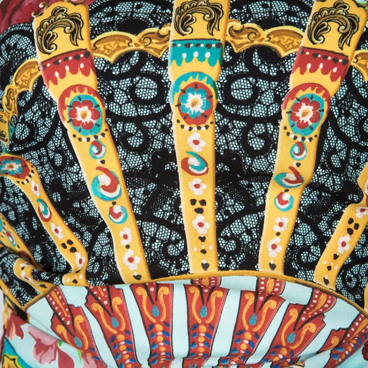 Pre Owned Dolce and Gabbana Multicolour Floral Fans Print Ruched Sleeveless Silk Dress S