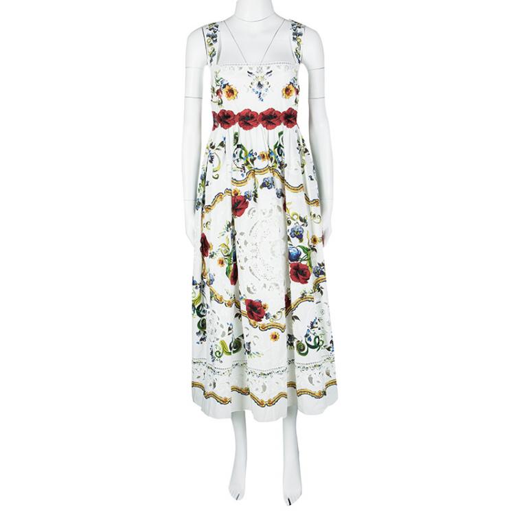 Pre Owned Dolce and Gabbana White Floral Printed Embroidered Poplin Intaglio Dress