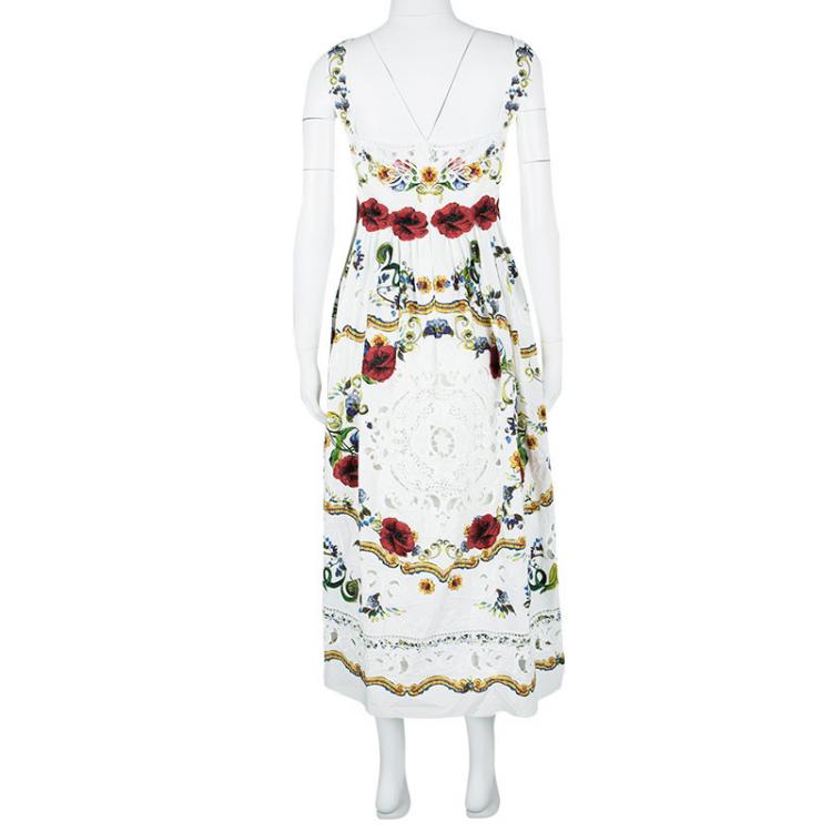 Pre Owned Dolce and Gabbana White Floral Printed Embroidered Poplin Intaglio Dress XL