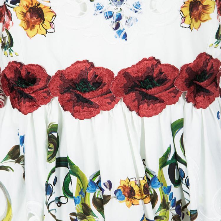 Pre Owned Dolce and Gabbana White Floral Printed Embroidered Poplin Intaglio Dress XL