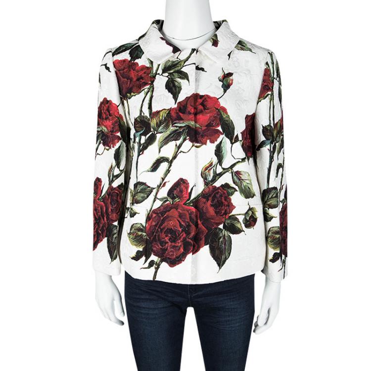 Pre Owned Dolce and Gabbana White Rose Print Brocade Blazer M