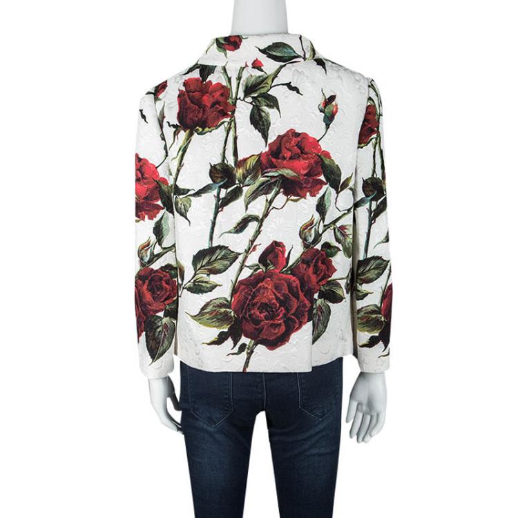 Pre Owned Dolce and Gabbana White Rose Print Brocade Blazer M
