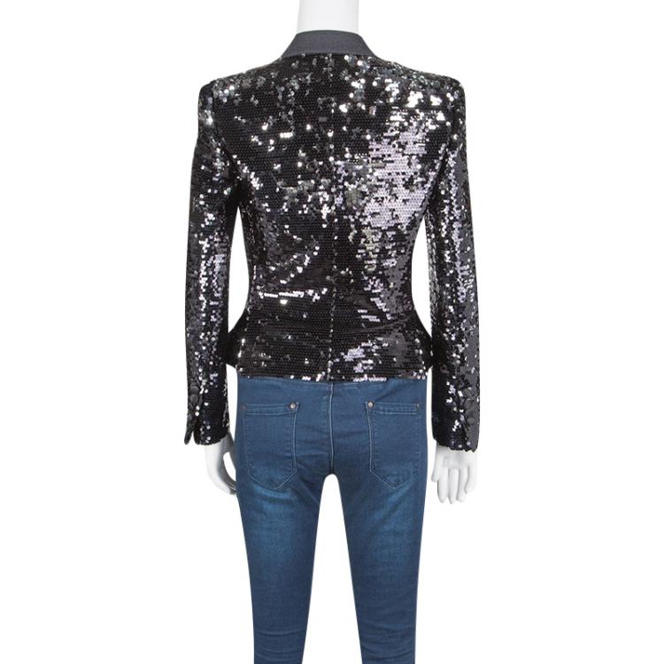 Pre Owned Dolce and Gabbana Black Sequin Paillette Embellished Velvet Trim Blazer S