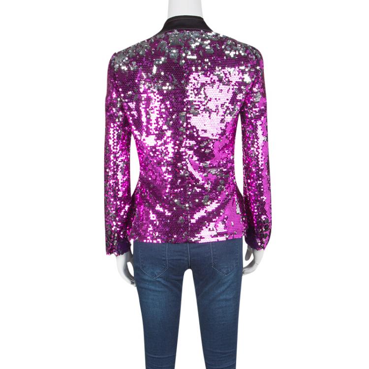 Pre Owned Dolce and Gabbana Fuscia Pink Sequin Paillette Embellished Velvet Trim Blazer S